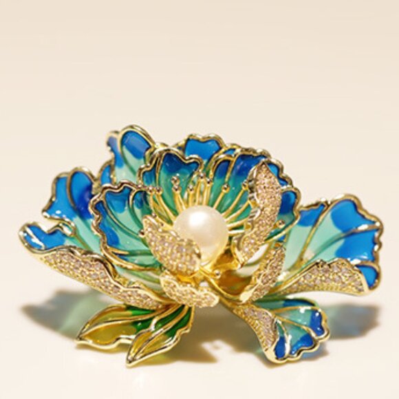 Luxury Blue Enamel Peony Flower Brooch Pin - Picture 3 of 4